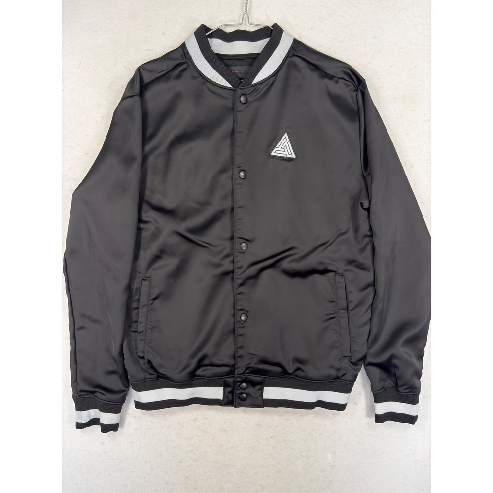 Black Pyramid Mens Satin Varsity Bomber Jacket Black White Large Chris Brown